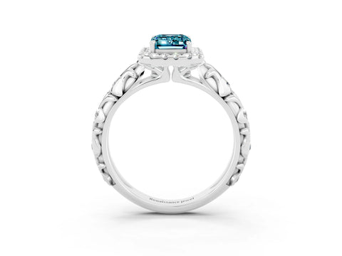 White gold Emerald Cut Halo Diamond Solitaire with Filigree Band and Four-Prong Setting_3