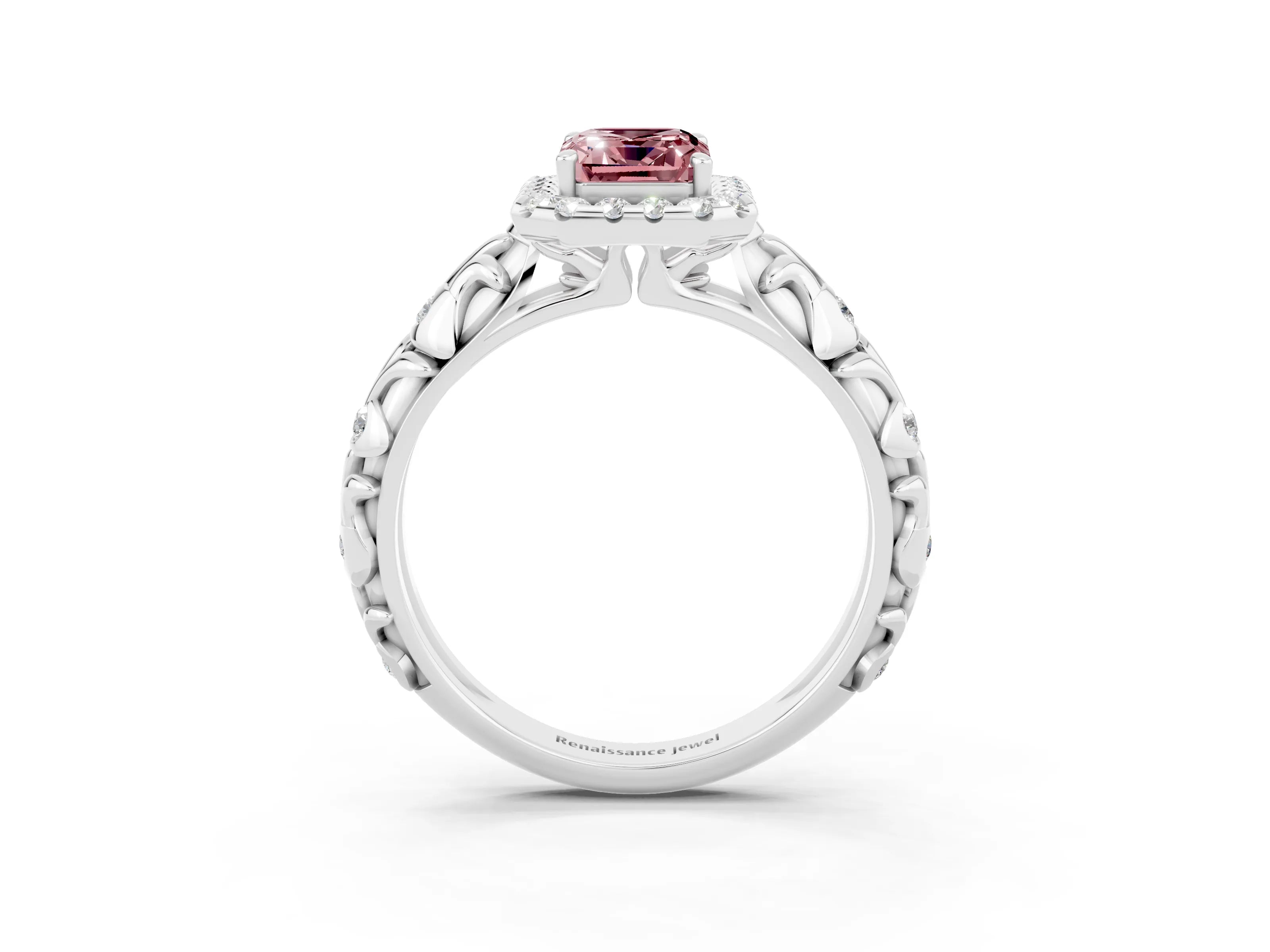 White gold Emerald Cut Halo Diamond Solitaire with Filigree Band and Four-Prong Setting_3