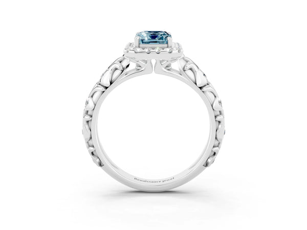 Platinum Emerald Cut Aquamarine Halo Ring with Filigree Band and Prong Setting