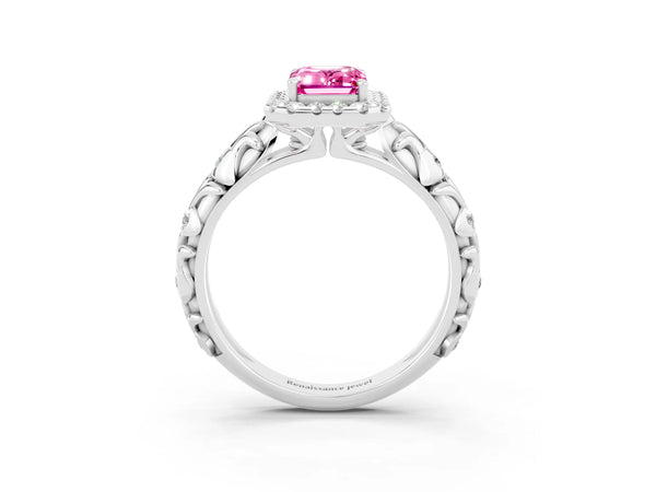Platinum Emerald Cut Pink Sapphire Halo Ring with Filigree Band and Prong Setting