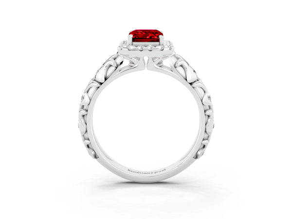 Platinum Emerald Cut Ruby Halo Ring with Filigree Band and Prong Setting