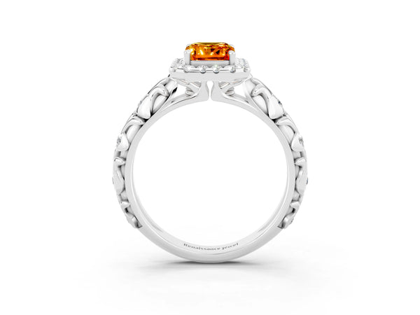 Platinum Emerald Cut Citrine Halo Ring with Filigree Band and Prong Setting