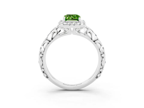 White gold Emerald Cut Halo Diamond Solitaire with Filigree Band and Four-Prong Setting_3