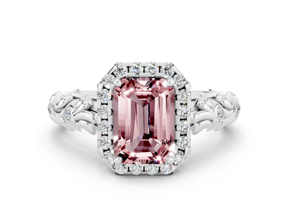 White gold Emerald Cut Halo Diamond Solitaire with Filigree Band and Four-Prong Setting