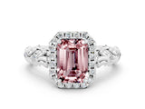 White gold Emerald Cut Halo Diamond Solitaire with Filigree Band and Four-Prong Setting