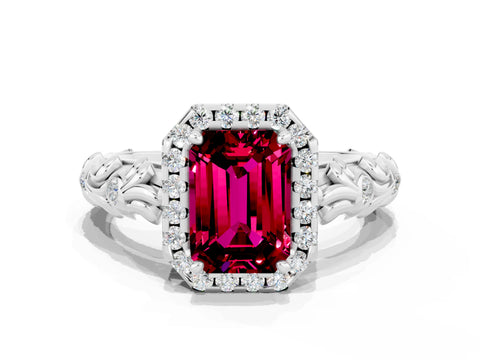 White gold Emerald Cut Halo Diamond Solitaire with Filigree Band and Four-Prong Setting