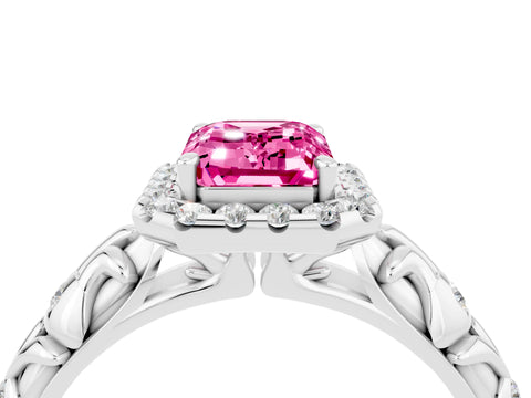 White gold Emerald Cut Halo Diamond Solitaire with Filigree Band and Four-Prong Setting_4