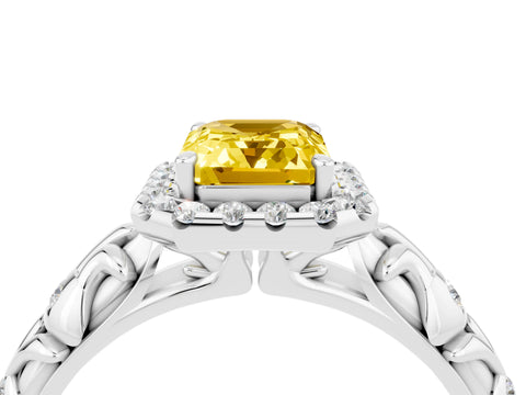 White gold Emerald Cut Halo Diamond Solitaire with Filigree Band and Four-Prong Setting_4