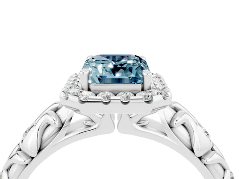 White gold Emerald Cut Halo Diamond Solitaire with Filigree Band and Four-Prong Setting_4