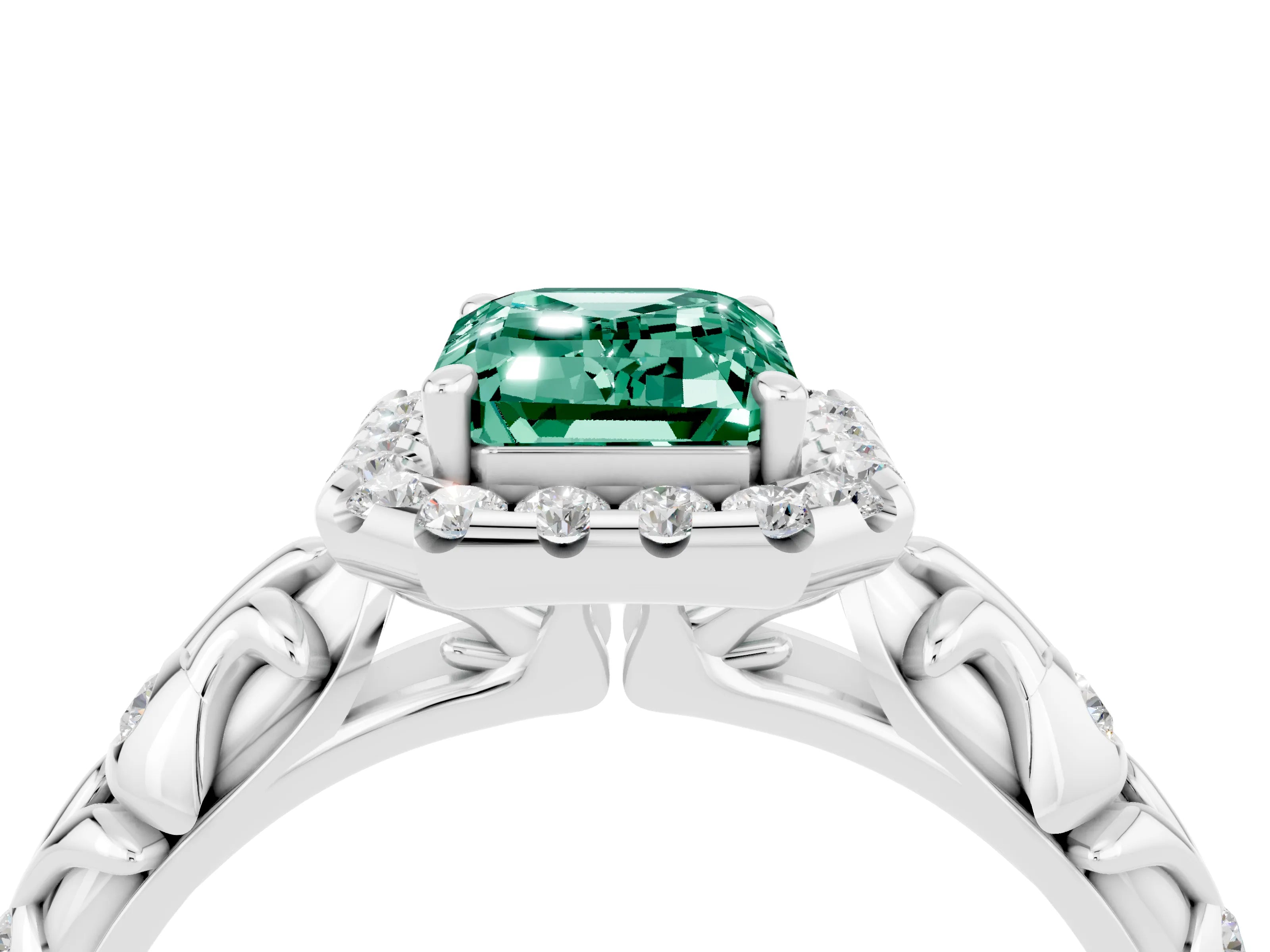 White gold Emerald Cut Halo Diamond Solitaire with Filigree Band and Four-Prong Setting_4