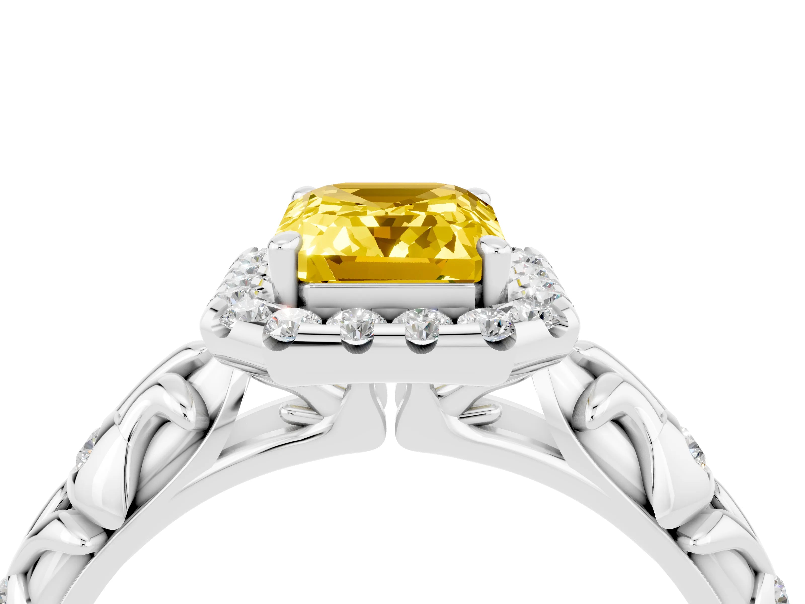 White gold Emerald Cut Halo Diamond Solitaire with Filigree Band and Four-Prong Setting_4
