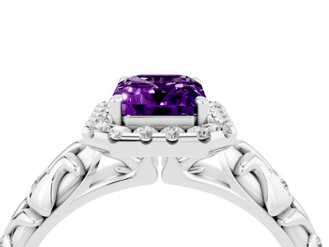 White gold Emerald Cut Halo Diamond Solitaire with Filigree Band and Four-Prong Setting_4