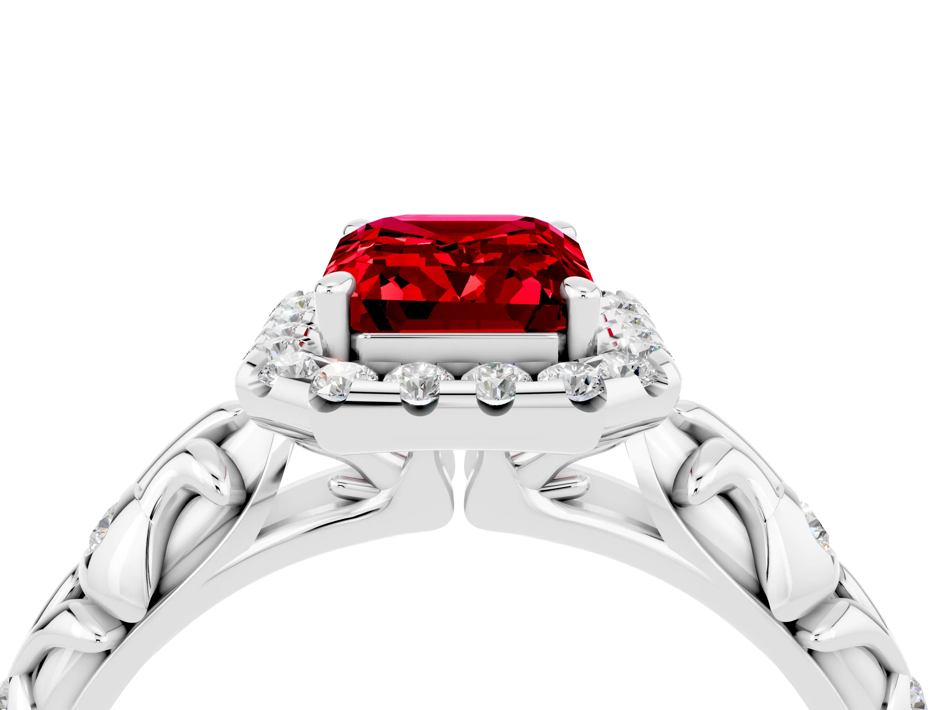 White gold Emerald Cut Halo Diamond Solitaire with Filigree Band and Four-Prong Setting_4