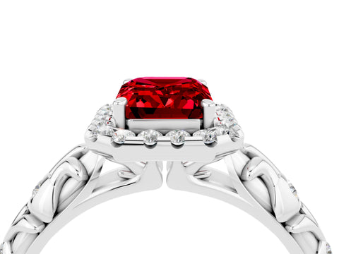 White gold Emerald Cut Halo Diamond Solitaire with Filigree Band and Four-Prong Setting_4