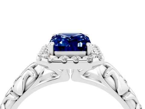 White gold Emerald Cut Halo Diamond Solitaire with Filigree Band and Four-Prong Setting_4