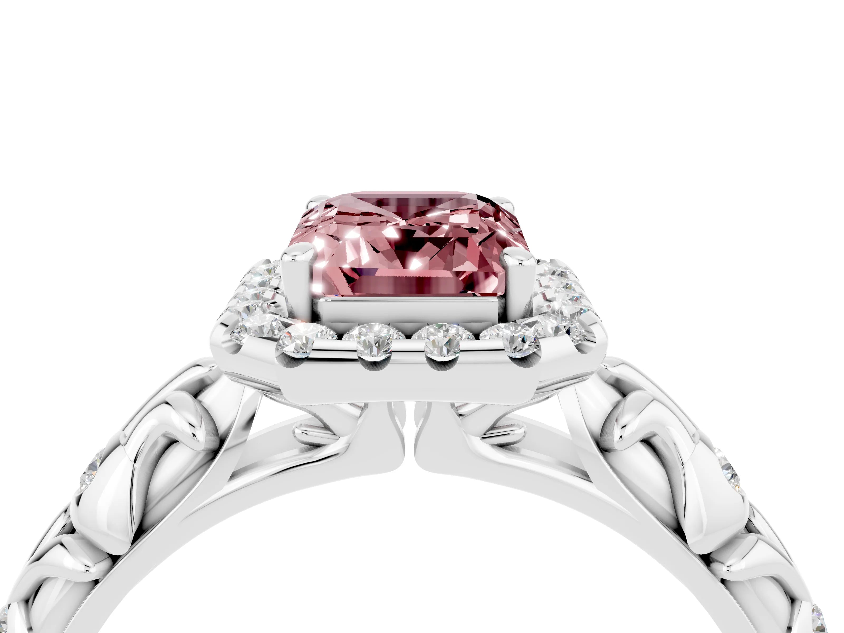 White gold Emerald Cut Halo Diamond Solitaire with Filigree Band and Four-Prong Setting_4