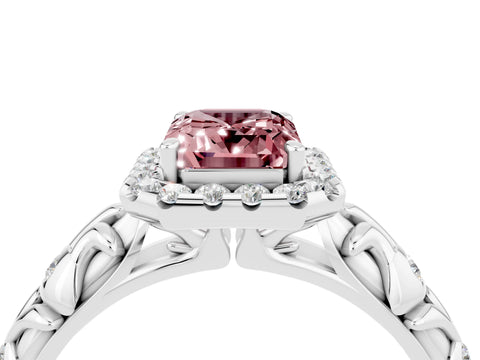 White gold Emerald Cut Halo Diamond Solitaire with Filigree Band and Four-Prong Setting_4