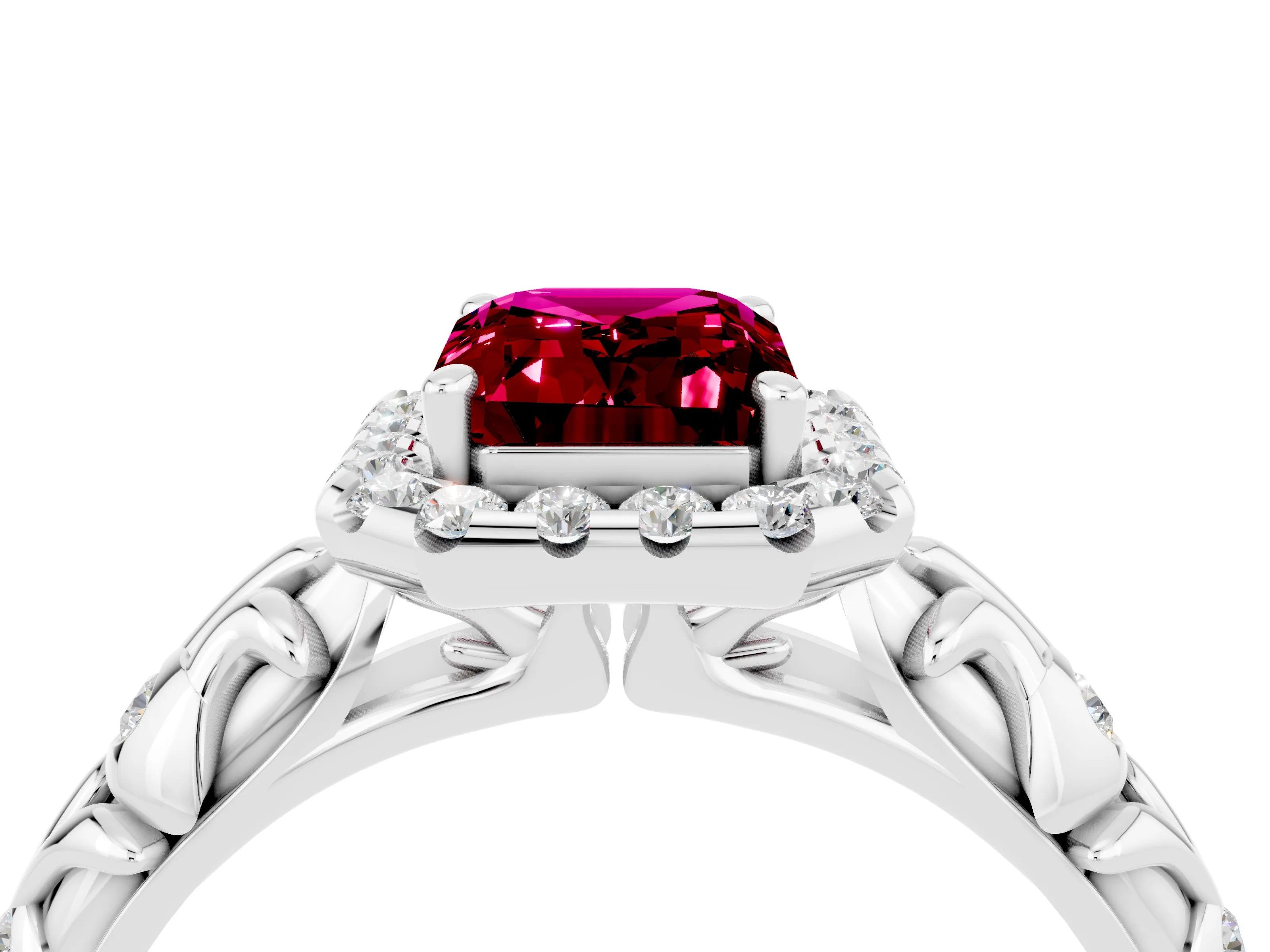 White gold Emerald Cut Halo Diamond Solitaire with Filigree Band and Four-Prong Setting_4