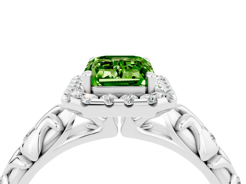 White gold Emerald Cut Halo Diamond Solitaire with Filigree Band and Four-Prong Setting_4