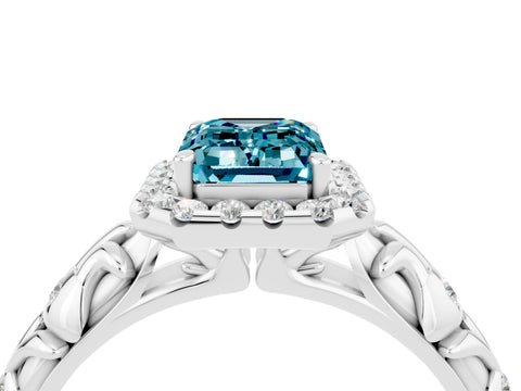 White gold Emerald Cut Halo Diamond Solitaire with Filigree Band and Four-Prong Setting_4
