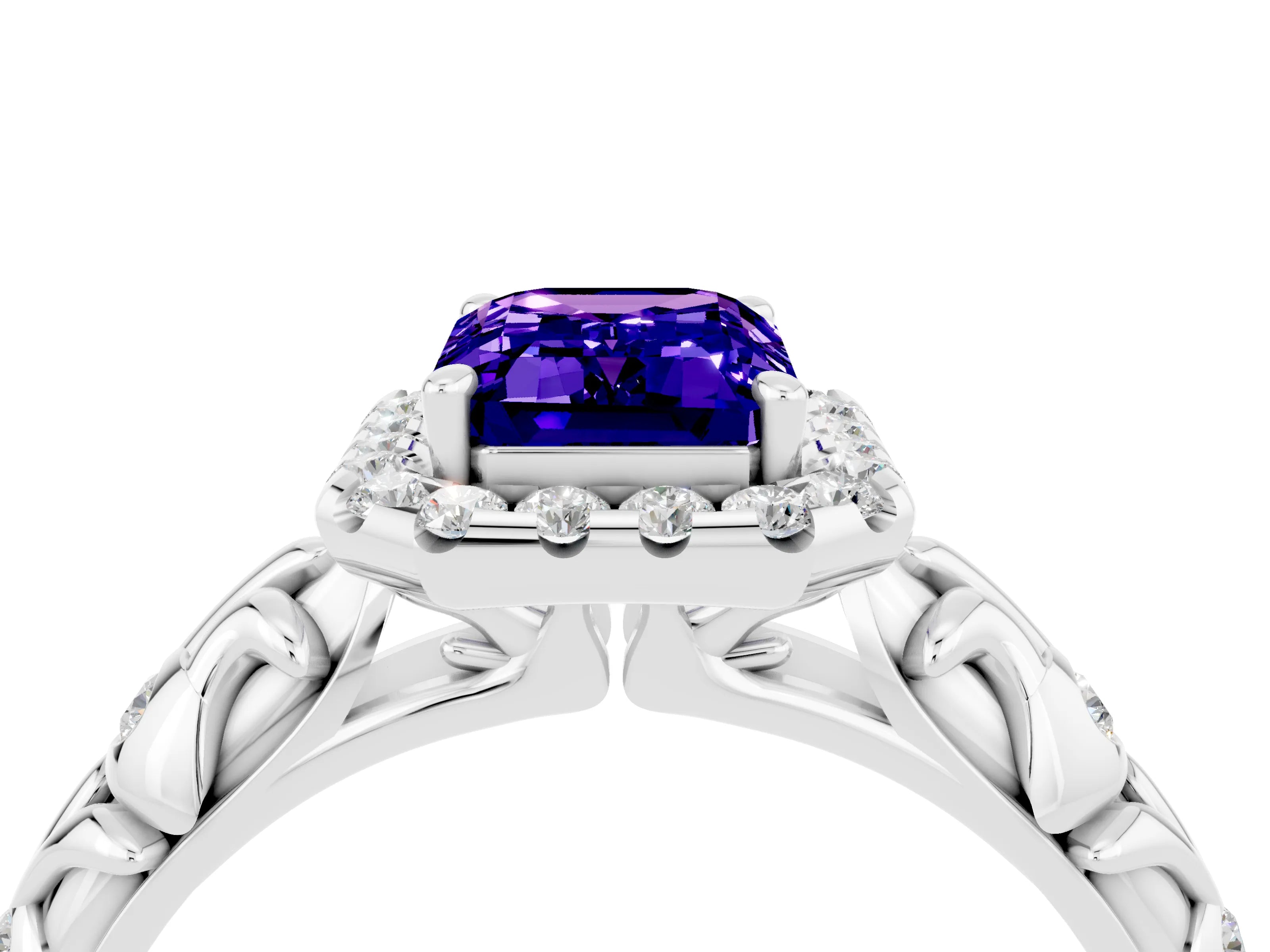 White gold Emerald Cut Halo Diamond Solitaire with Filigree Band and Four-Prong Setting_4