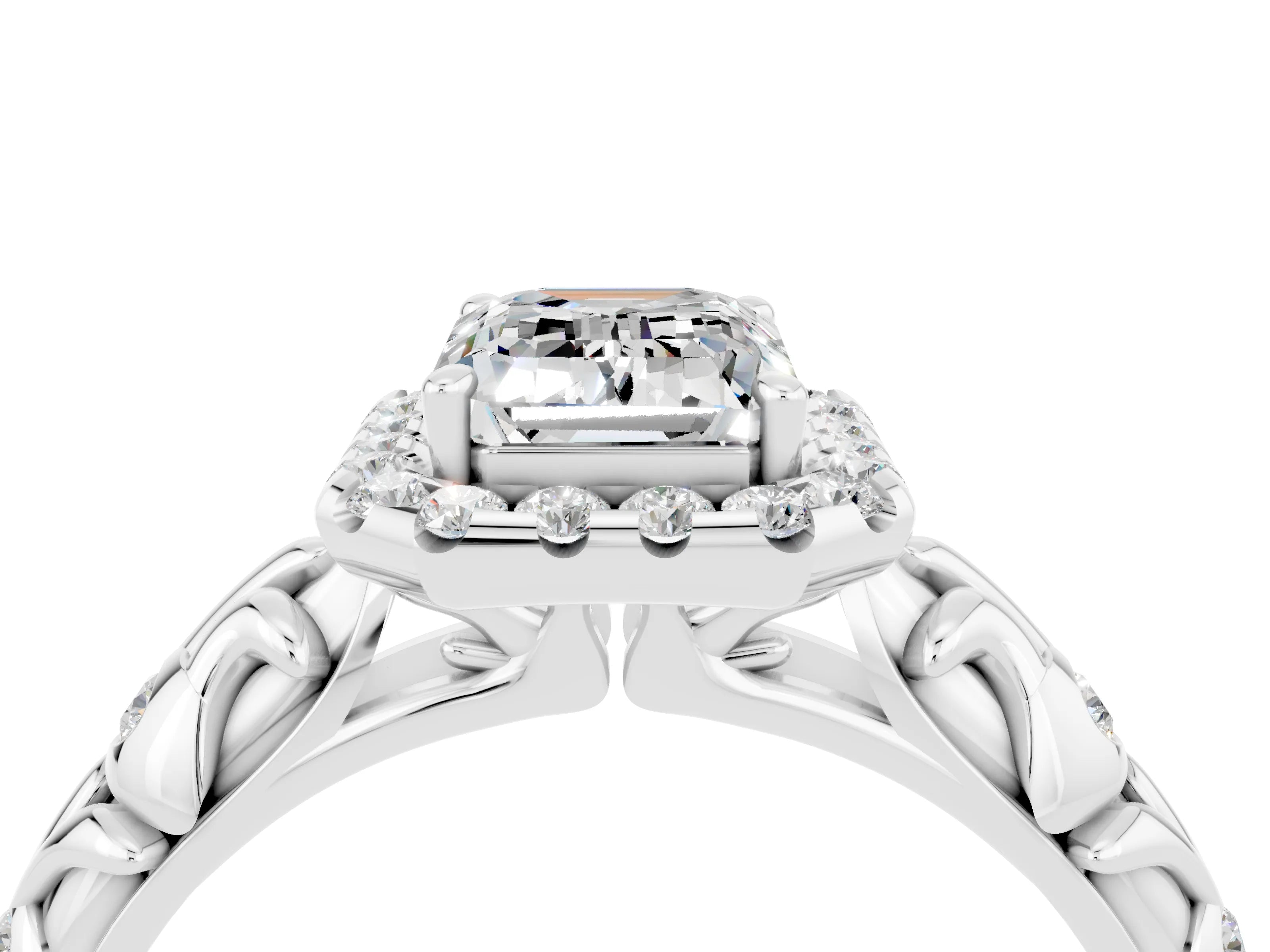 White gold Emerald Cut Halo Diamond Solitaire with Filigree Band and Four-Prong Setting_4