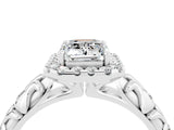 White gold Emerald Cut Halo Diamond Solitaire with Filigree Band and Four-Prong Setting_4