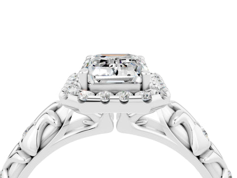 White gold Emerald Cut Halo Diamond Solitaire with Filigree Band and Four-Prong Setting_4
