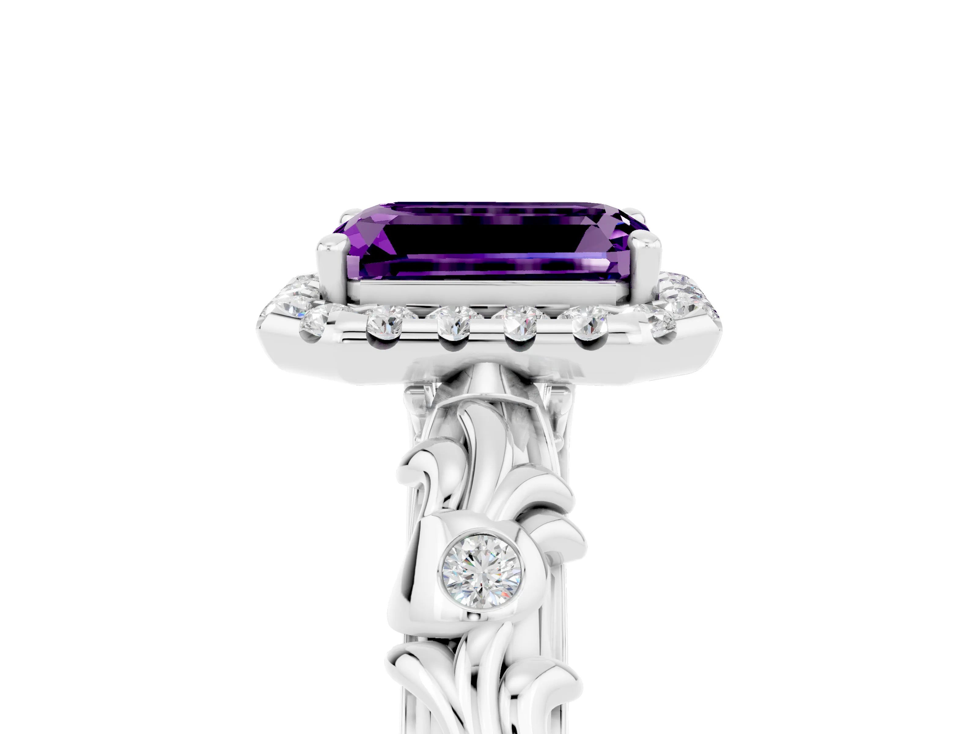 White gold Emerald Cut Halo Diamond Solitaire with Filigree Band and Four-Prong Setting_5
