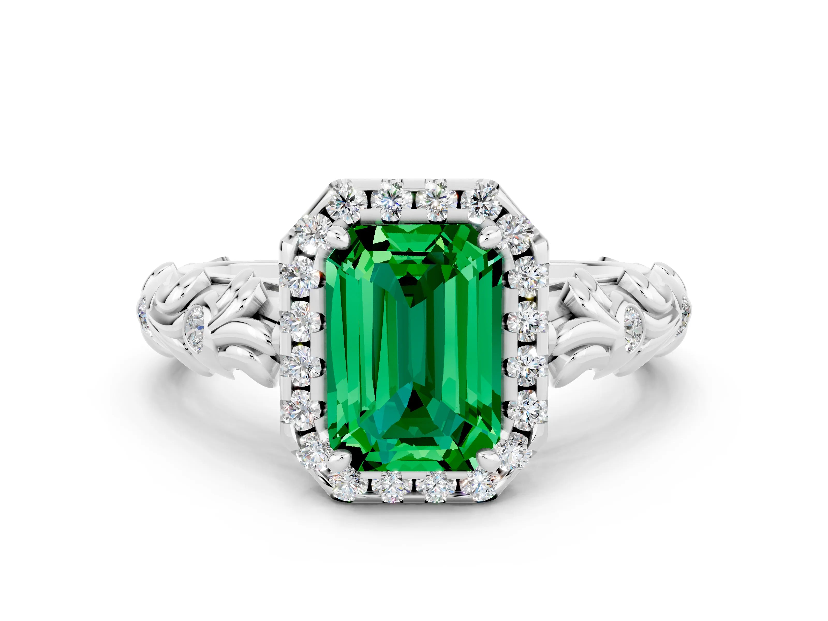 White gold Emerald Cut Halo Diamond Solitaire with Filigree Band and Four-Prong Setting