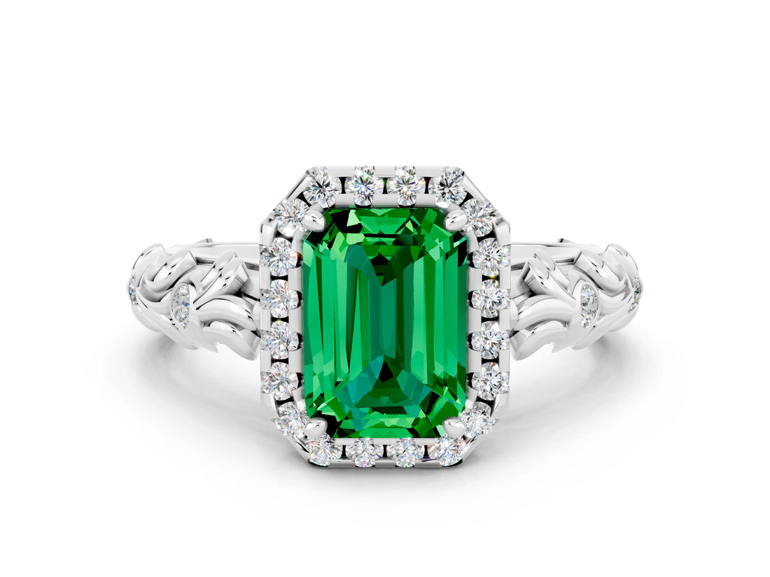 White gold Emerald Cut Halo Diamond Solitaire with Filigree Band and Four-Prong Setting