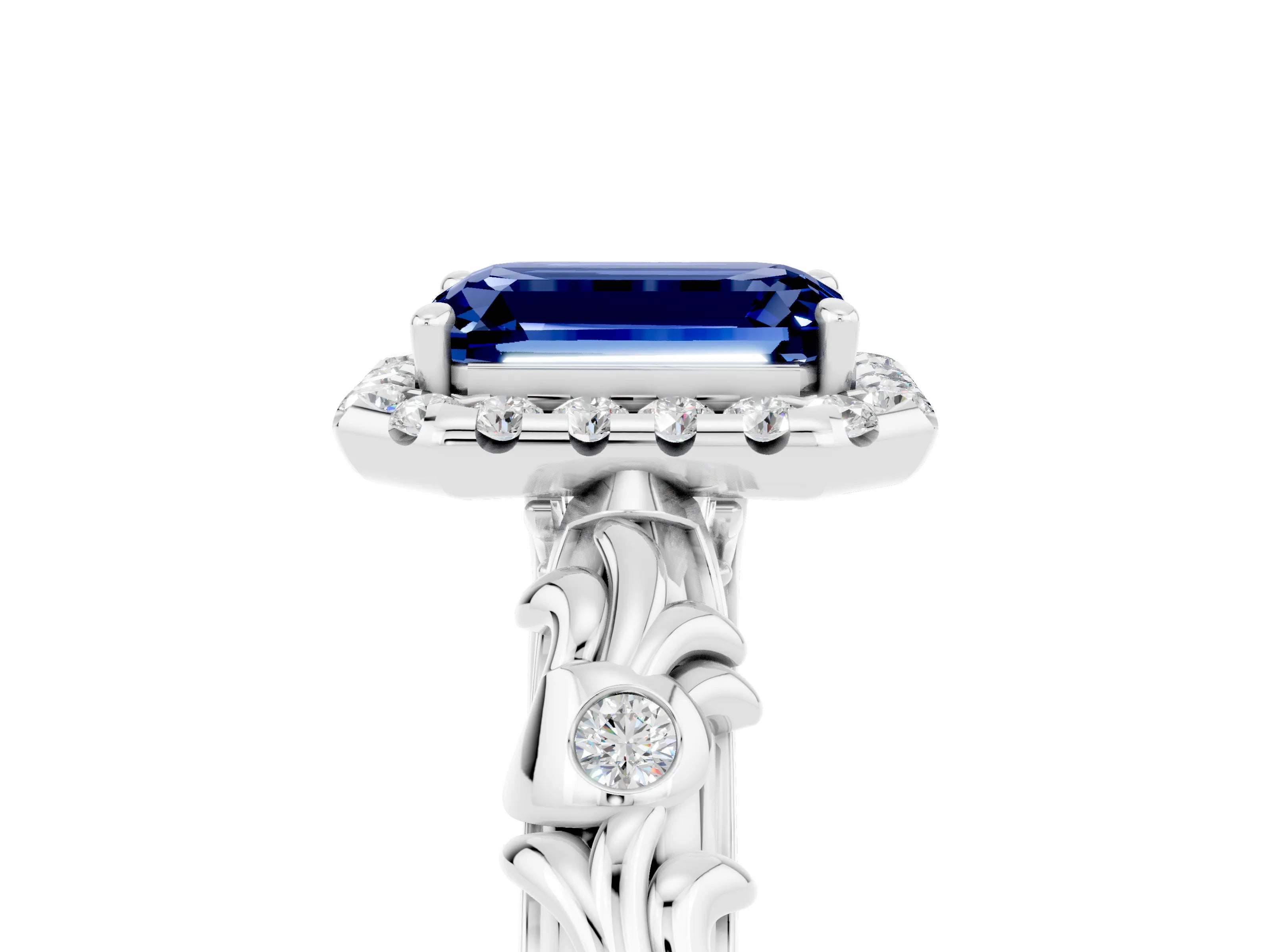 White gold Emerald Cut Halo Diamond Solitaire with Filigree Band and Four-Prong Setting_5