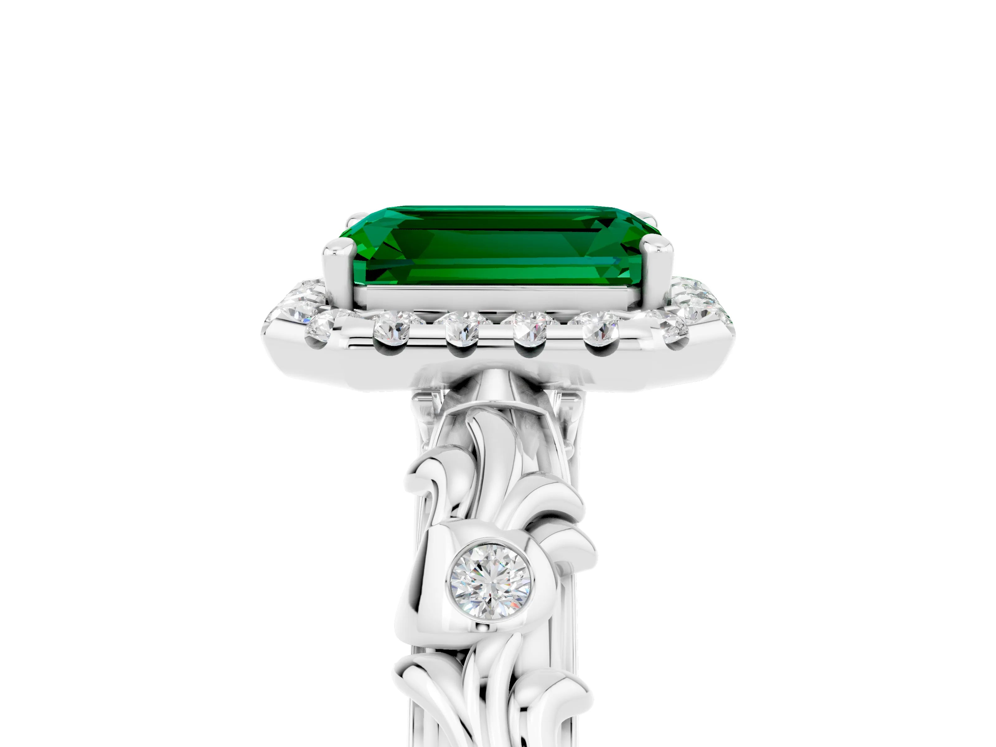 White gold Emerald Cut Halo Diamond Solitaire with Filigree Band and Four-Prong Setting_5