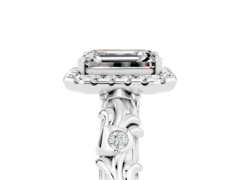 White gold Emerald Cut Halo Diamond Solitaire with Filigree Band and Four-Prong Setting_5