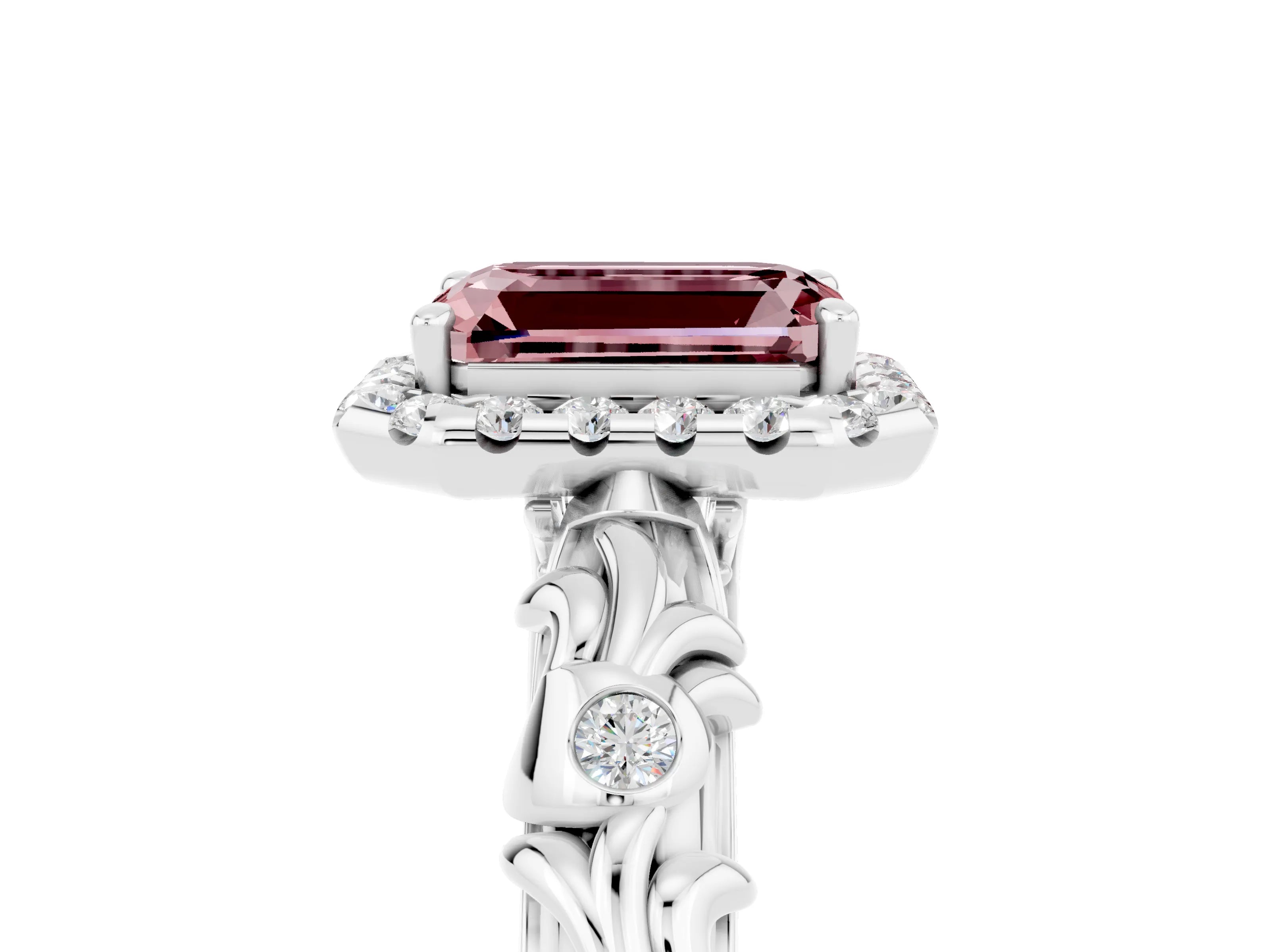 White gold Emerald Cut Halo Diamond Solitaire with Filigree Band and Four-Prong Setting_5