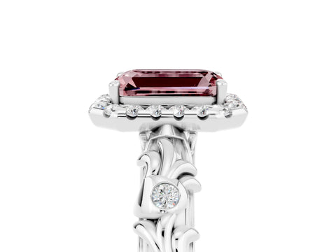 White gold Emerald Cut Halo Diamond Solitaire with Filigree Band and Four-Prong Setting_5