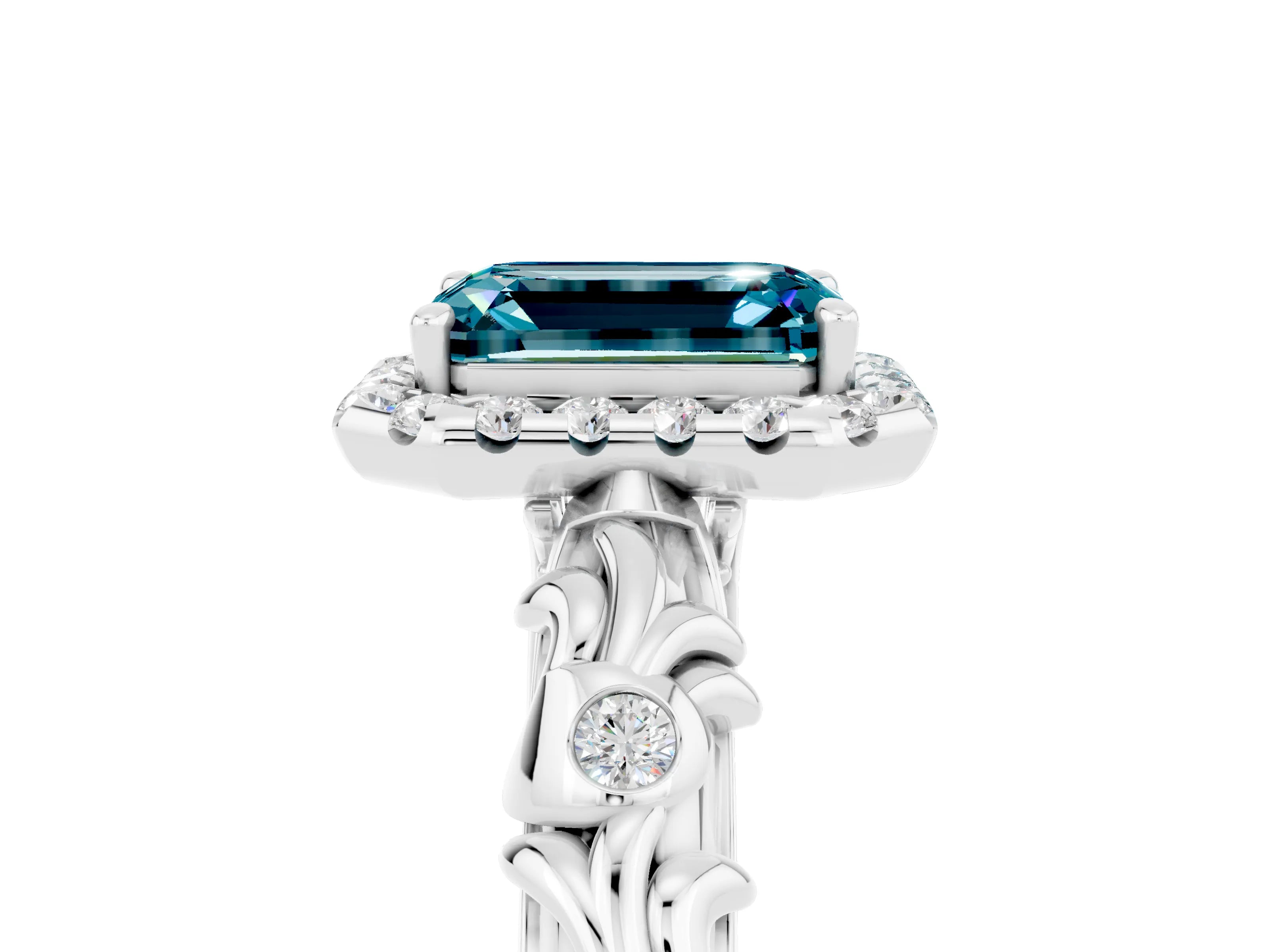 White gold Emerald Cut Halo Diamond Solitaire with Filigree Band and Four-Prong Setting_5