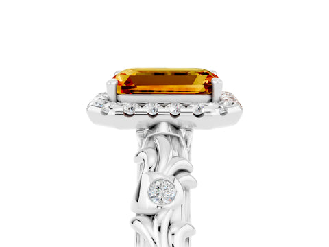 White gold Emerald Cut Halo Diamond Solitaire with Filigree Band and Four-Prong Setting_5