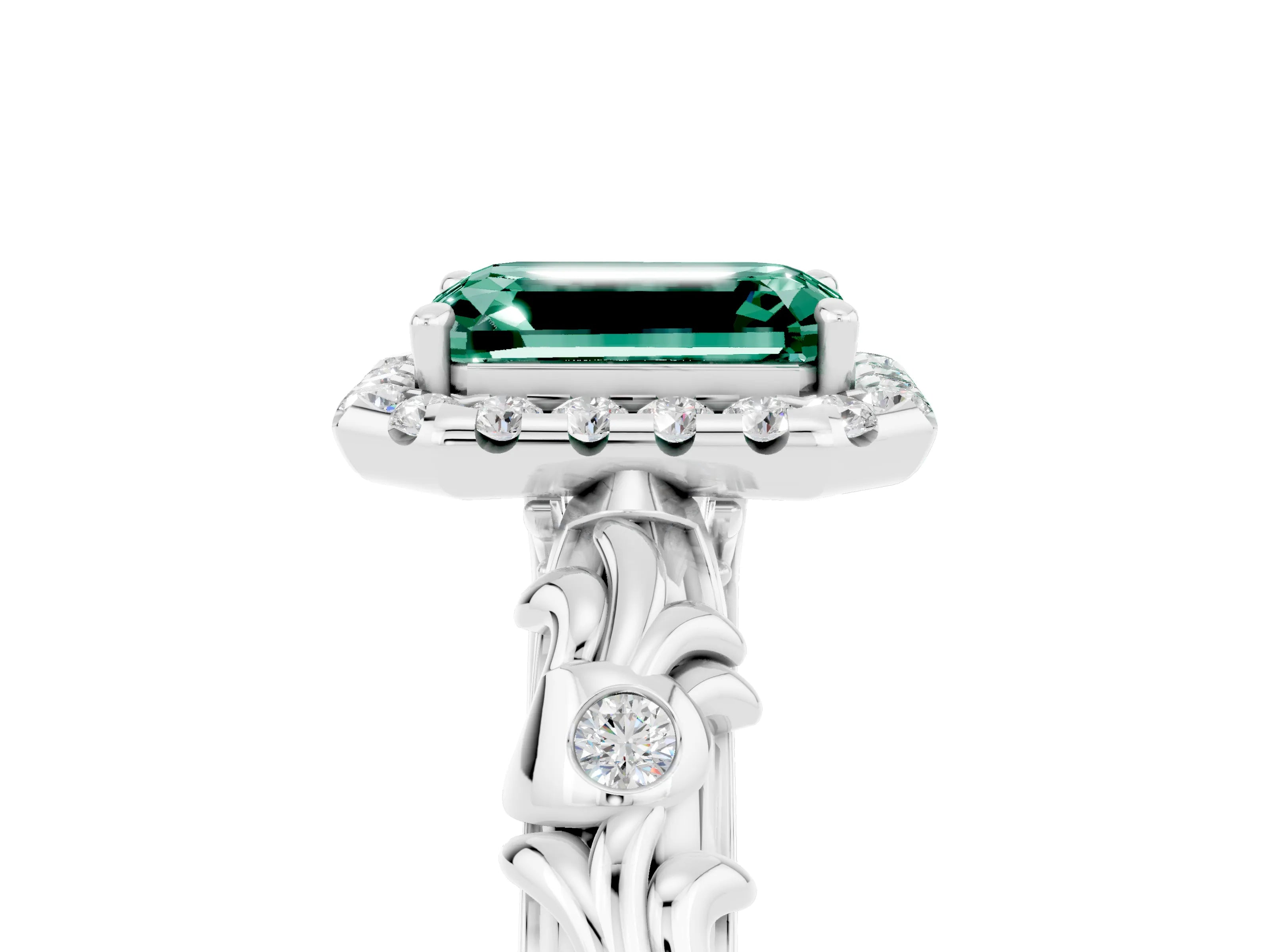 White gold Emerald Cut Halo Diamond Solitaire with Filigree Band and Four-Prong Setting_5