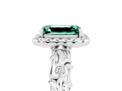 White gold Emerald Cut Halo Diamond Solitaire with Filigree Band and Four-Prong Setting_5