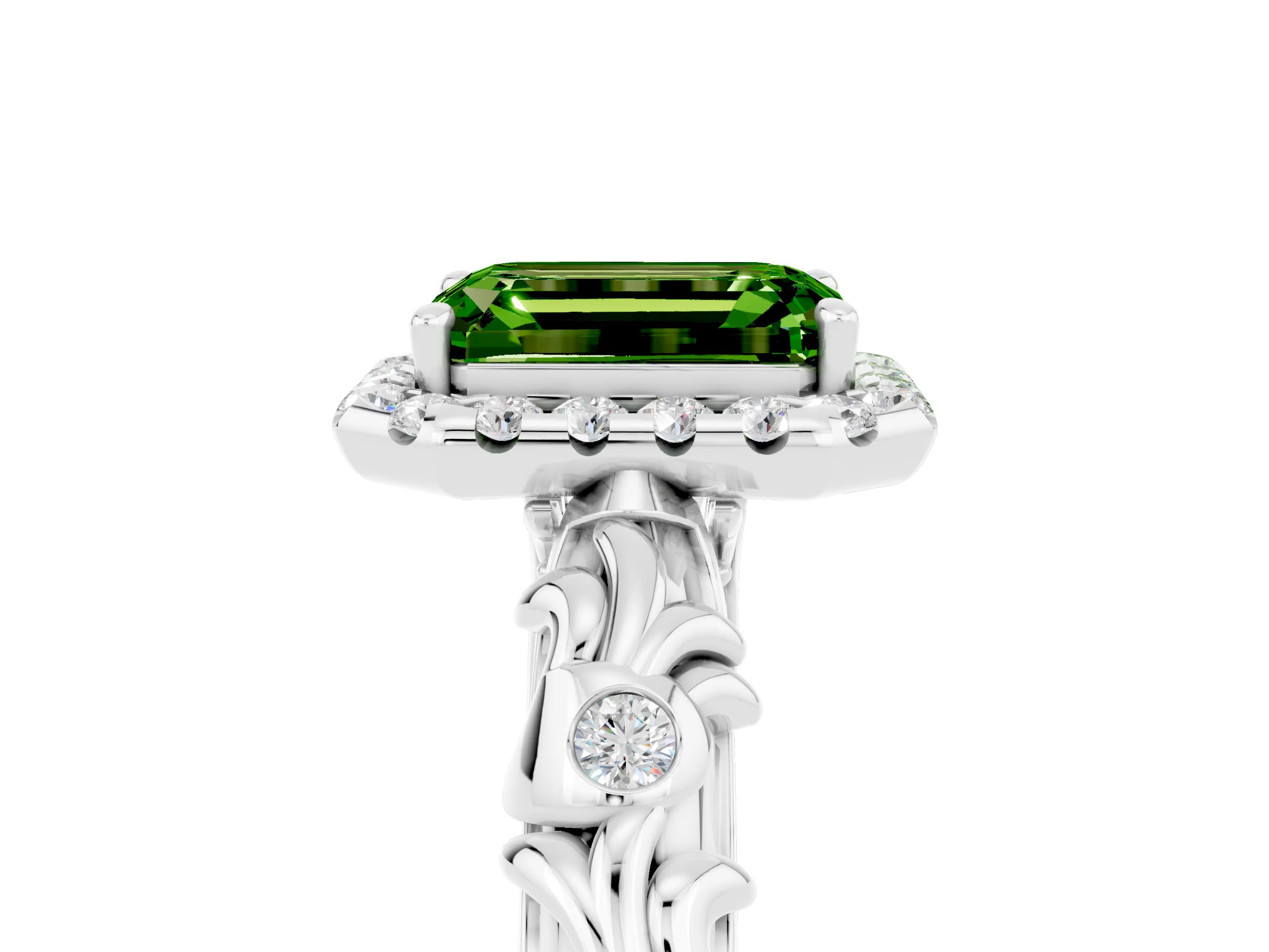 White gold Emerald Cut Halo Diamond Solitaire with Filigree Band and Four-Prong Setting_5