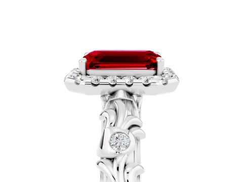 White gold Emerald Cut Halo Diamond Solitaire with Filigree Band and Four-Prong Setting_5