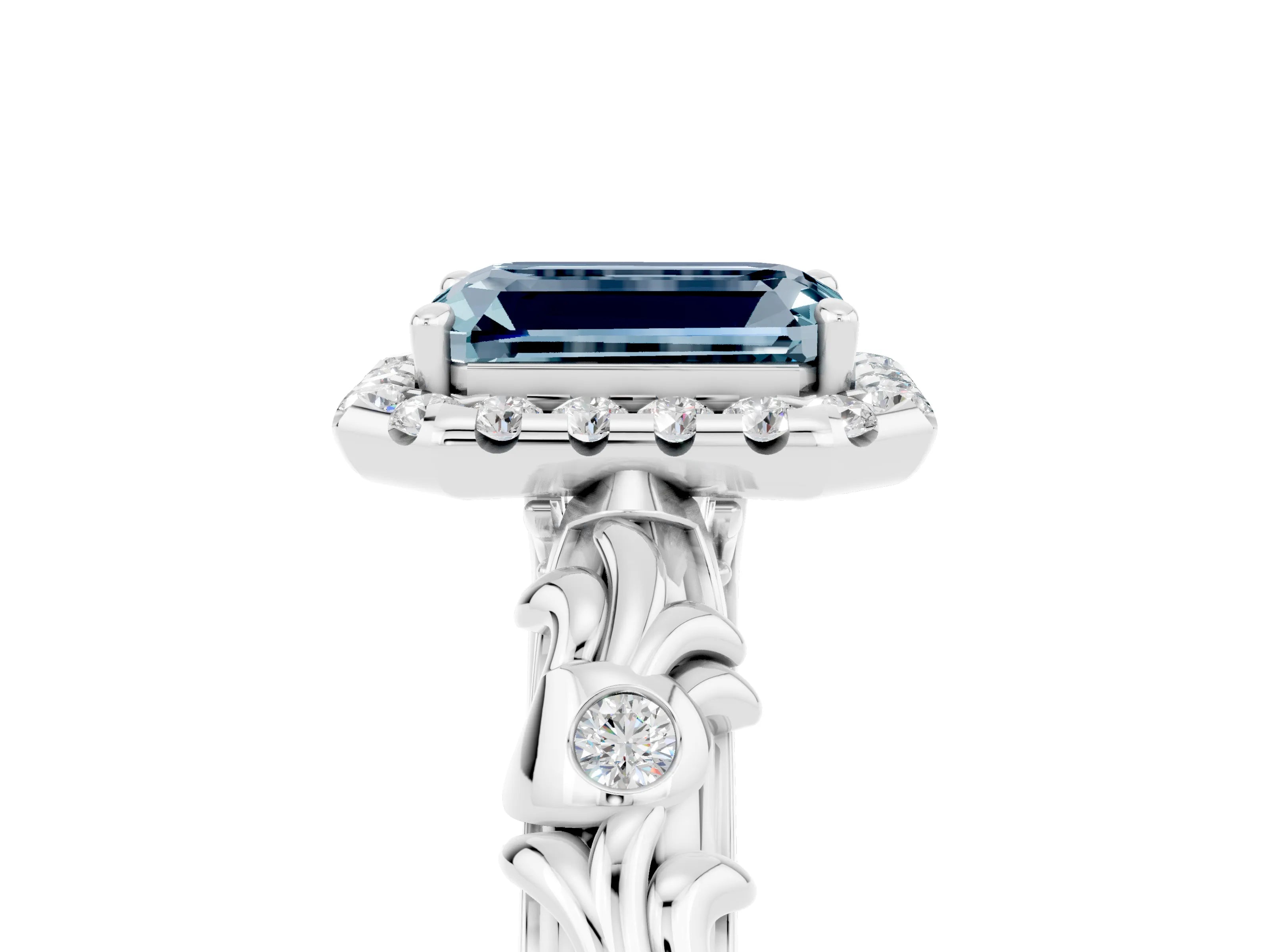 White gold Emerald Cut Halo Diamond Solitaire with Filigree Band and Four-Prong Setting_5