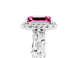White gold Emerald Cut Halo Diamond Solitaire with Filigree Band and Four-Prong Setting_5