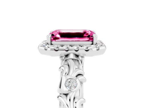 White gold Emerald Cut Halo Diamond Solitaire with Filigree Band and Four-Prong Setting_5