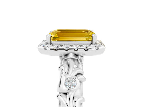 White gold Emerald Cut Halo Diamond Solitaire with Filigree Band and Four-Prong Setting_5
