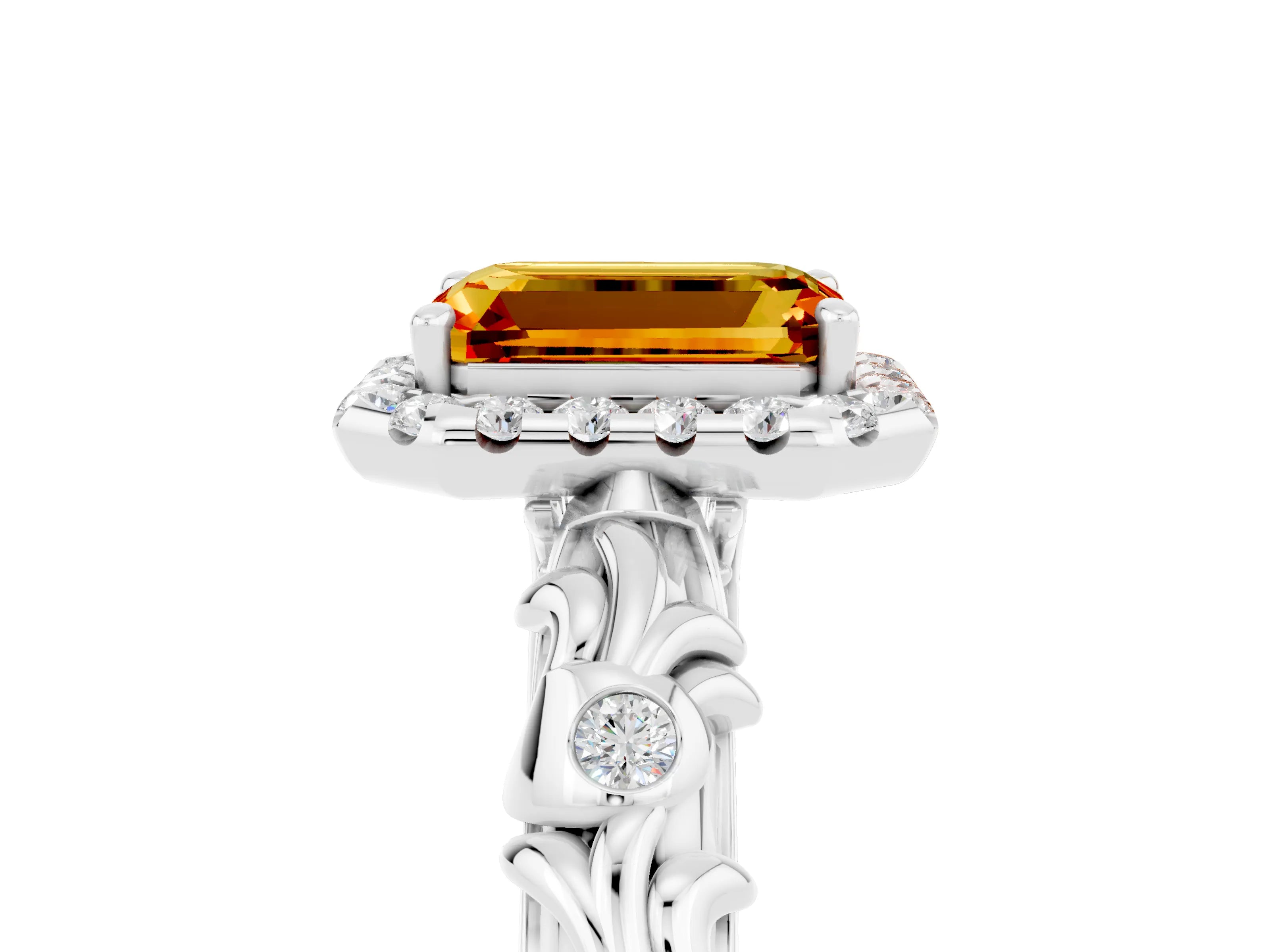 White gold Emerald Cut Halo Diamond Solitaire with Filigree Band and Four-Prong Setting_5