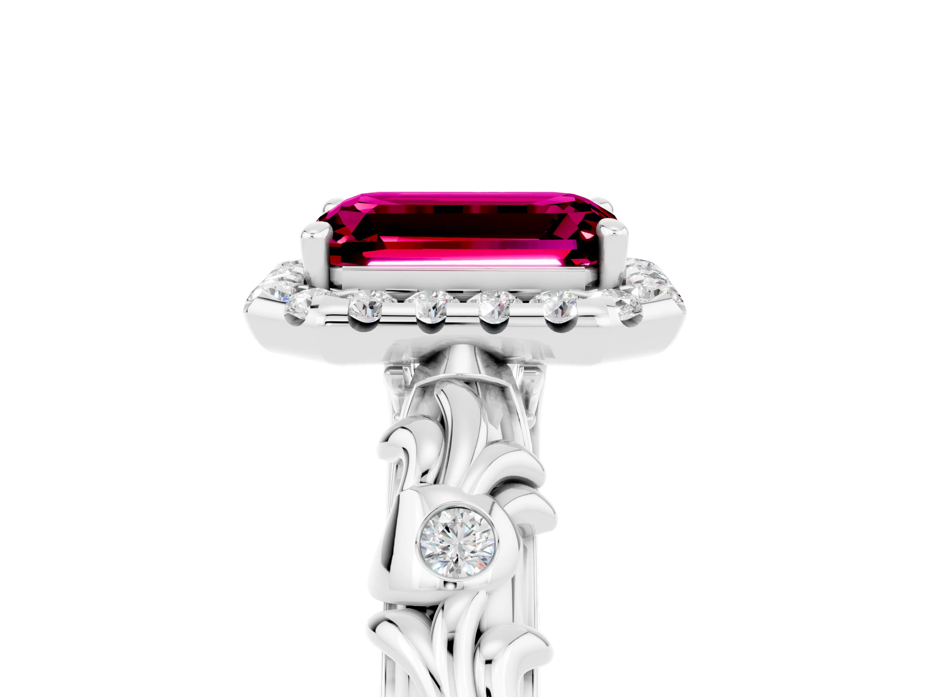 White gold Emerald Cut Halo Diamond Solitaire with Filigree Band and Four-Prong Setting_5