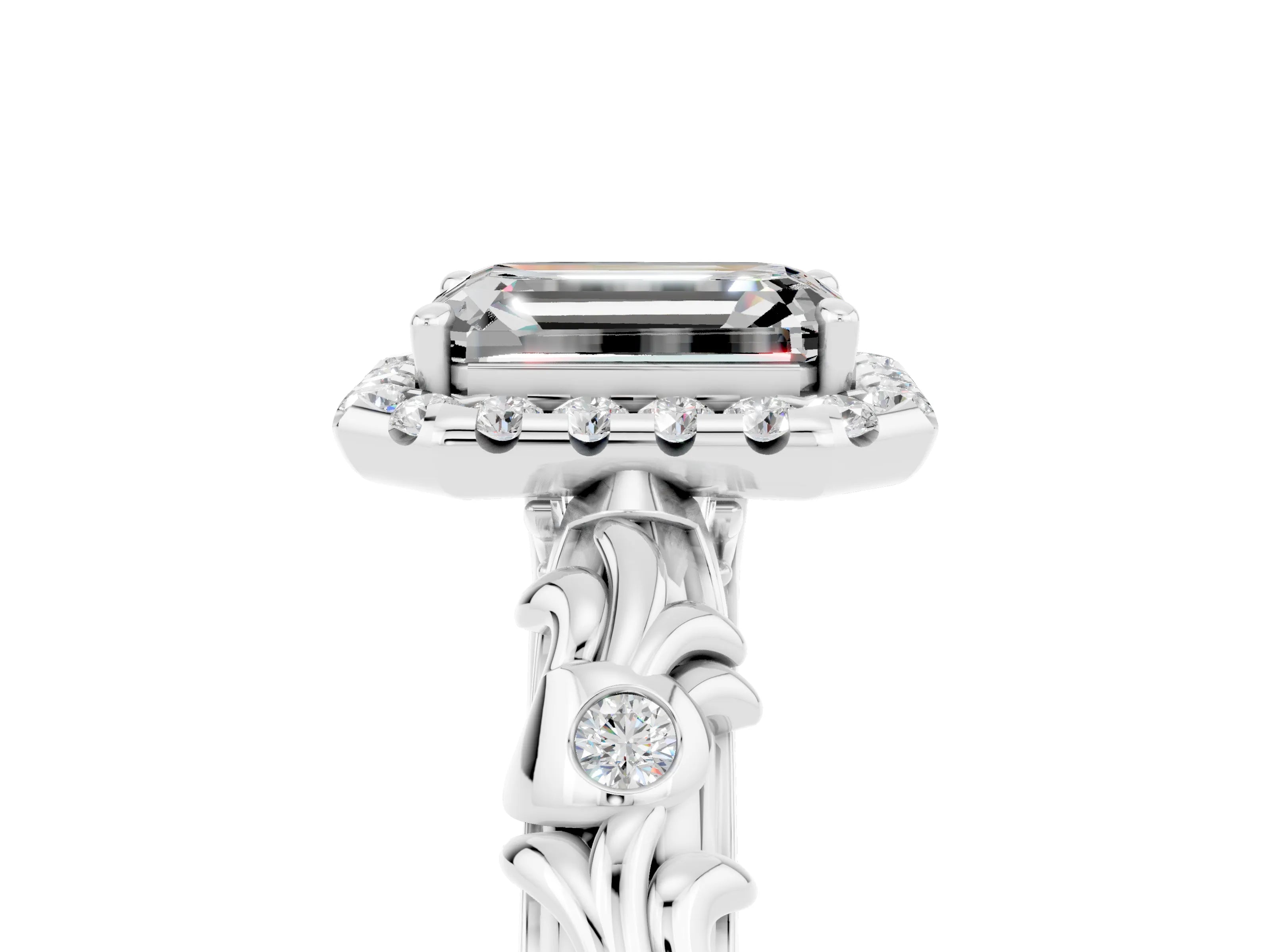 White gold Emerald Cut Halo Diamond Solitaire with Filigree Band and Four-Prong Setting_5