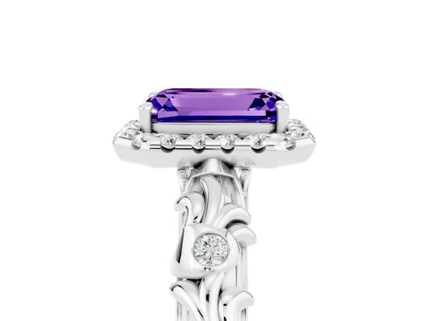 White gold Emerald Cut Halo Diamond Solitaire with Filigree Band and Four-Prong Setting_5